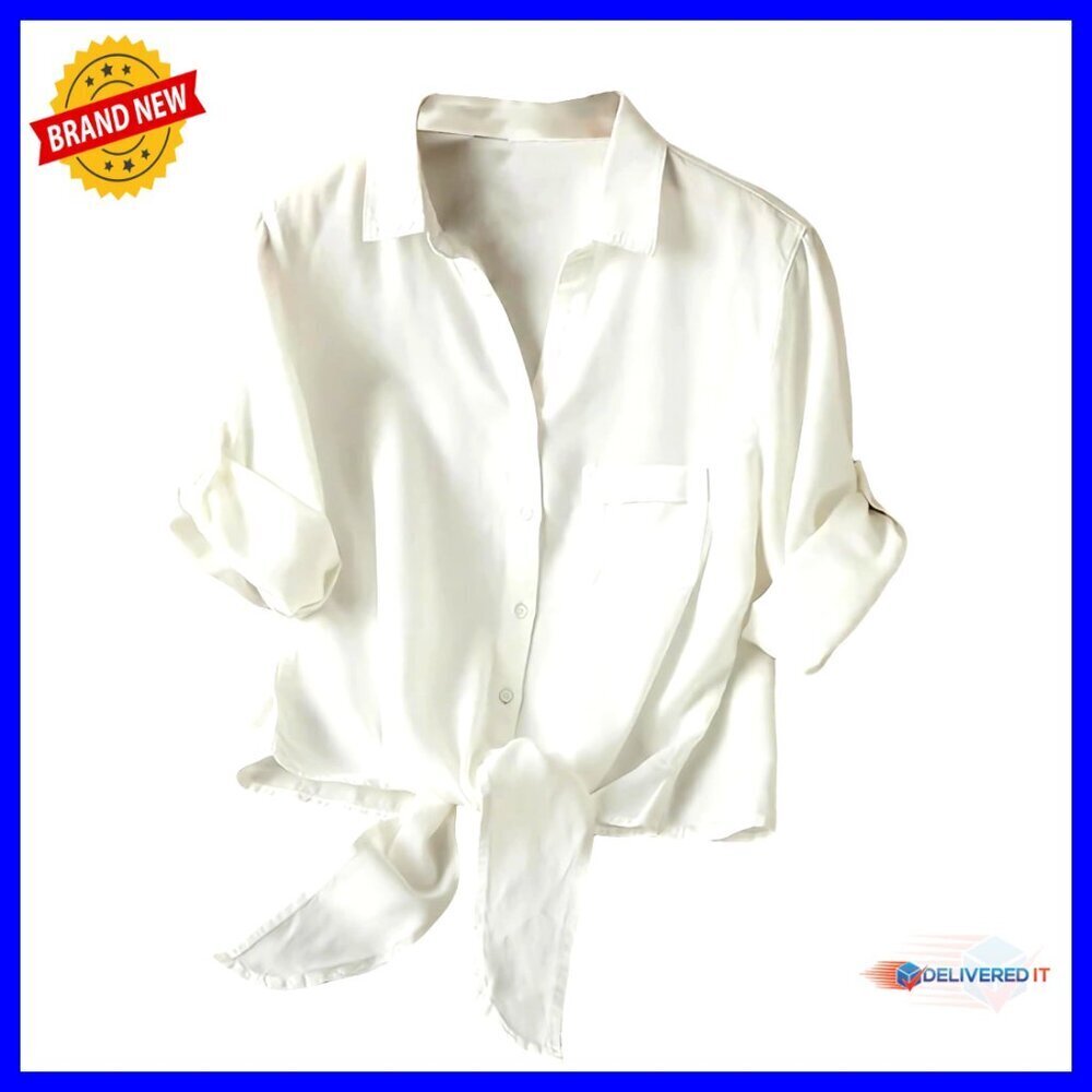 Lyocell Front Tie Blouse 3/4 Sleeve Button Down Shirt with Pocket